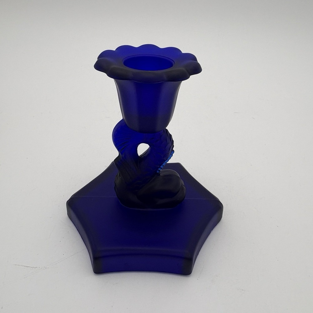 Vtg Cobalt Blue Frosted Dalzell Viking Glass Koi Fish 4" Candlestick Holder